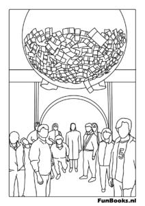 La tirelire géante en verre remplie d'argent liquide suspendue au-dessus des joueurs dans le dortoir Squid Game coloriage