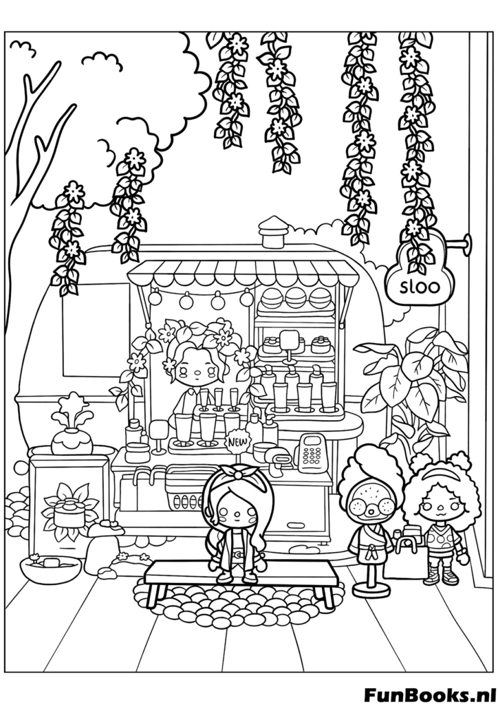 Detailed Toca Boca room scene with kitchen shelves and plants aesthetic coloring page