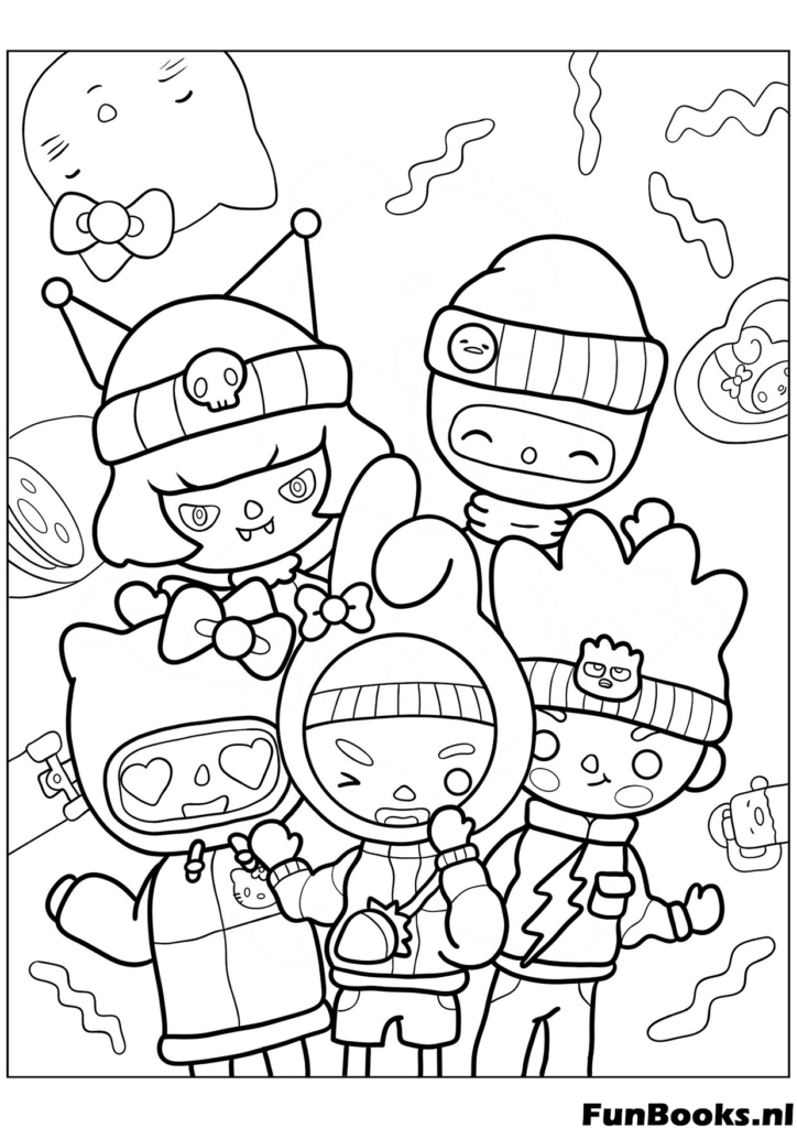 Grupo de amigos Toca Boca usando sombreros de invierno y bufandas dibujo para colorear