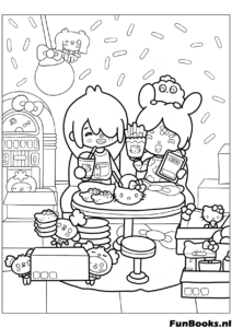 Groupe d'amis Toca Life mangeant des collations et faisant une fête coloriage