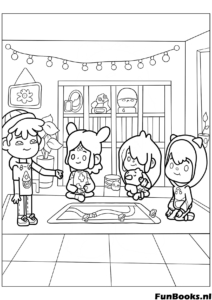 Trois amis Toca Boca discutant dans un salon avec tapis coloriage