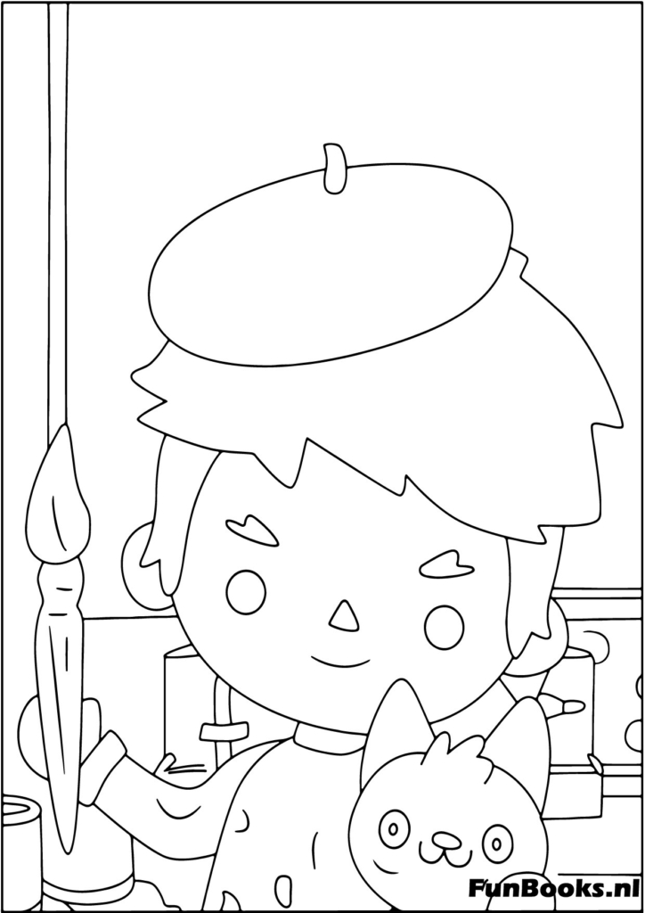 Toca Boca artist character painting on a canvas with a brush coloring page
