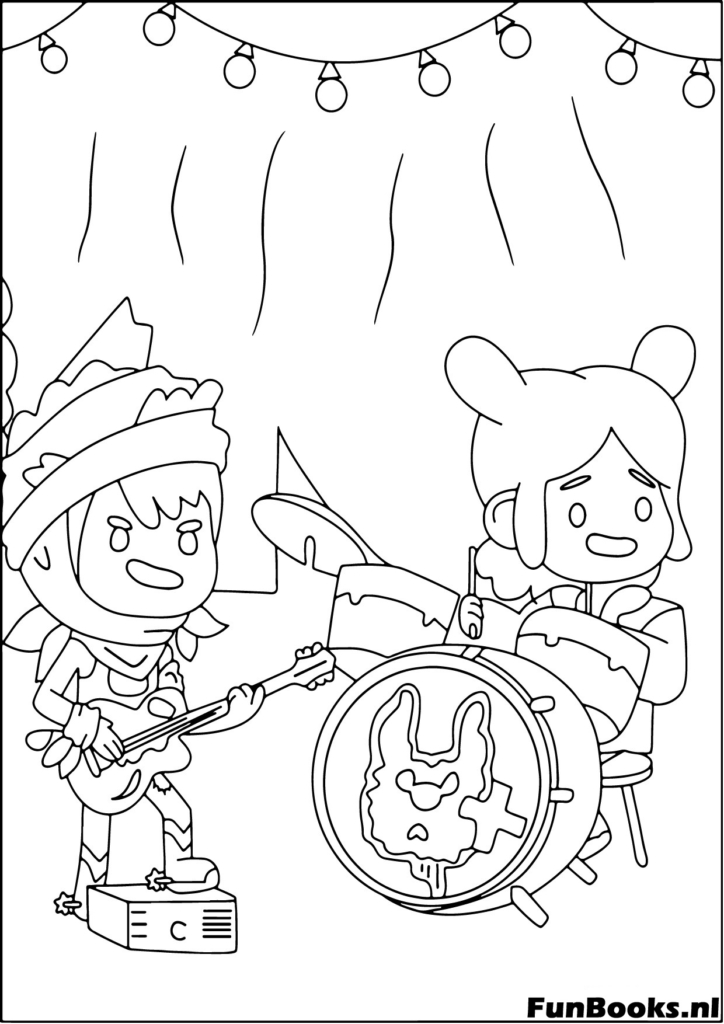 Banda de rock Toca Boca tocando guitarra y batería en el escenario concierto dibujo para colorear