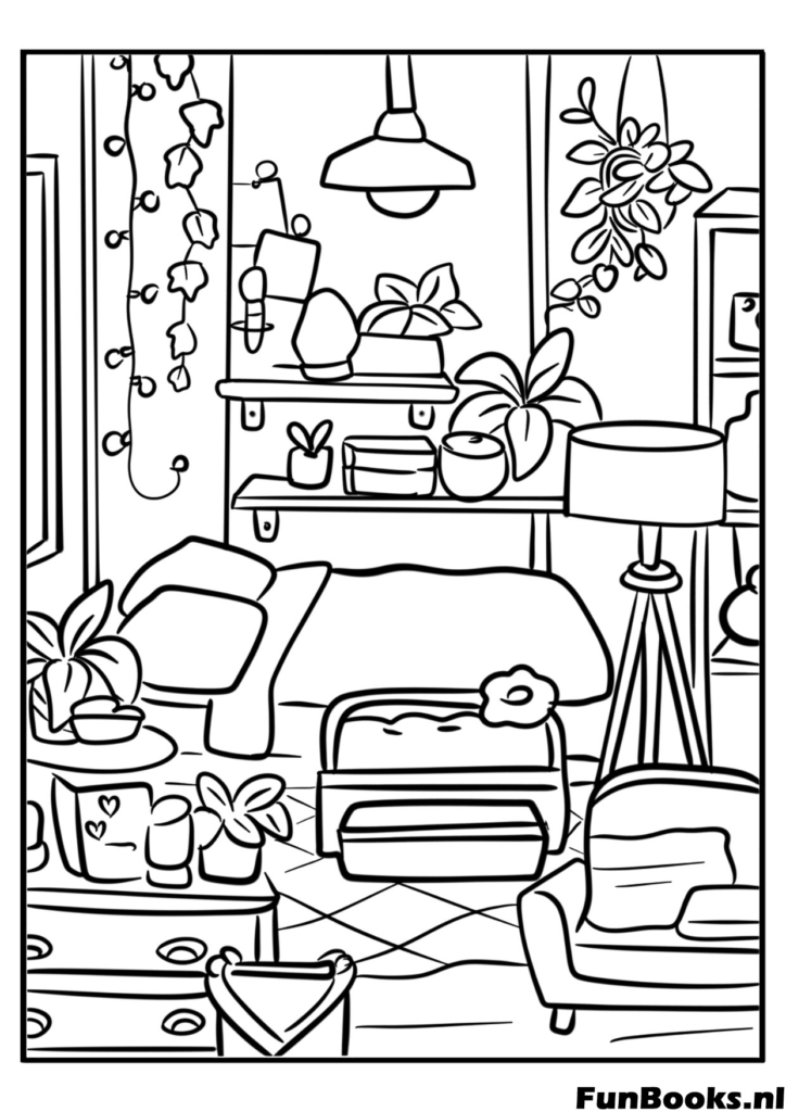 Cozy Toca Boca bedroom with bed plants and decorations interior coloring page