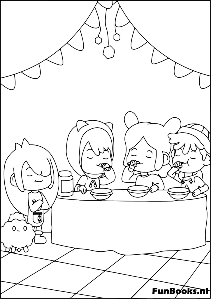 Amigos cenando en una mesa en el mundo Toca Boca dibujo para colorear