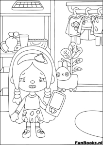 Toca Boca Centro Comercial Escena Dibujo para colorear Personaje Toca Boca comprando en un centro comercial con perchero de ropa dibujo para colorear