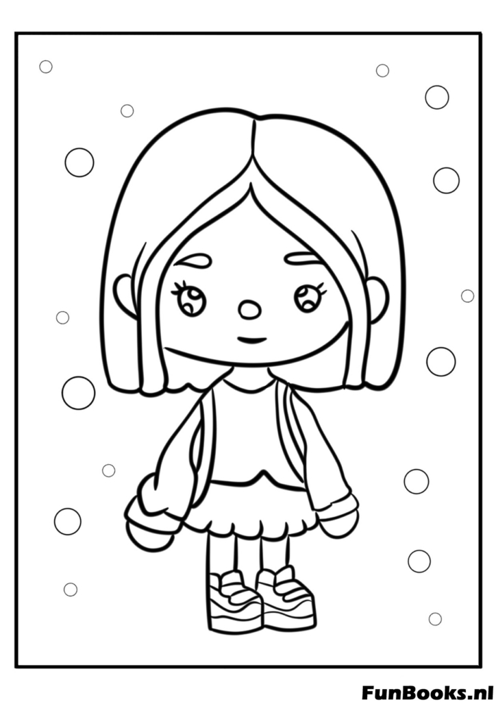 Personaje simple de chica Toca Boca con corte de pelo bob de pie dibujo para colorear