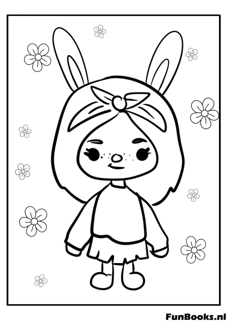 Adorable personaje Toca Boca usando diadema de orejas de conejo dibujo para colorear
