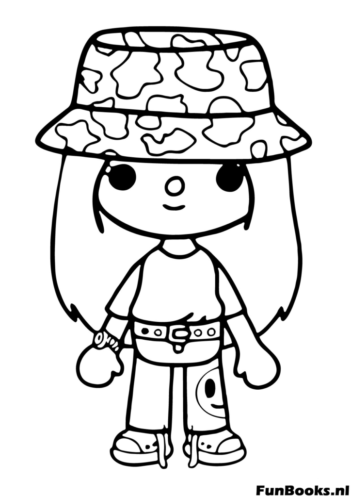 Chica Toca Boca a la moda usando un sombrero de pescador con estampado de vaca dibujo para colorear