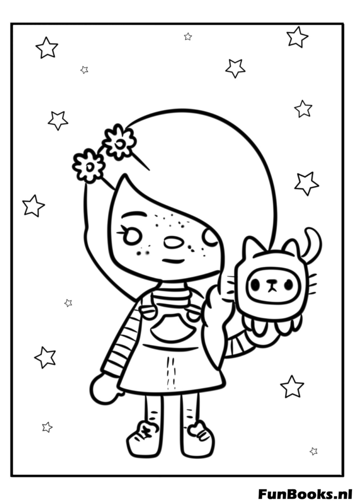 Linda chica Toca Boca sosteniendo un gato mascota o juguete monstruo dibujo para colorear