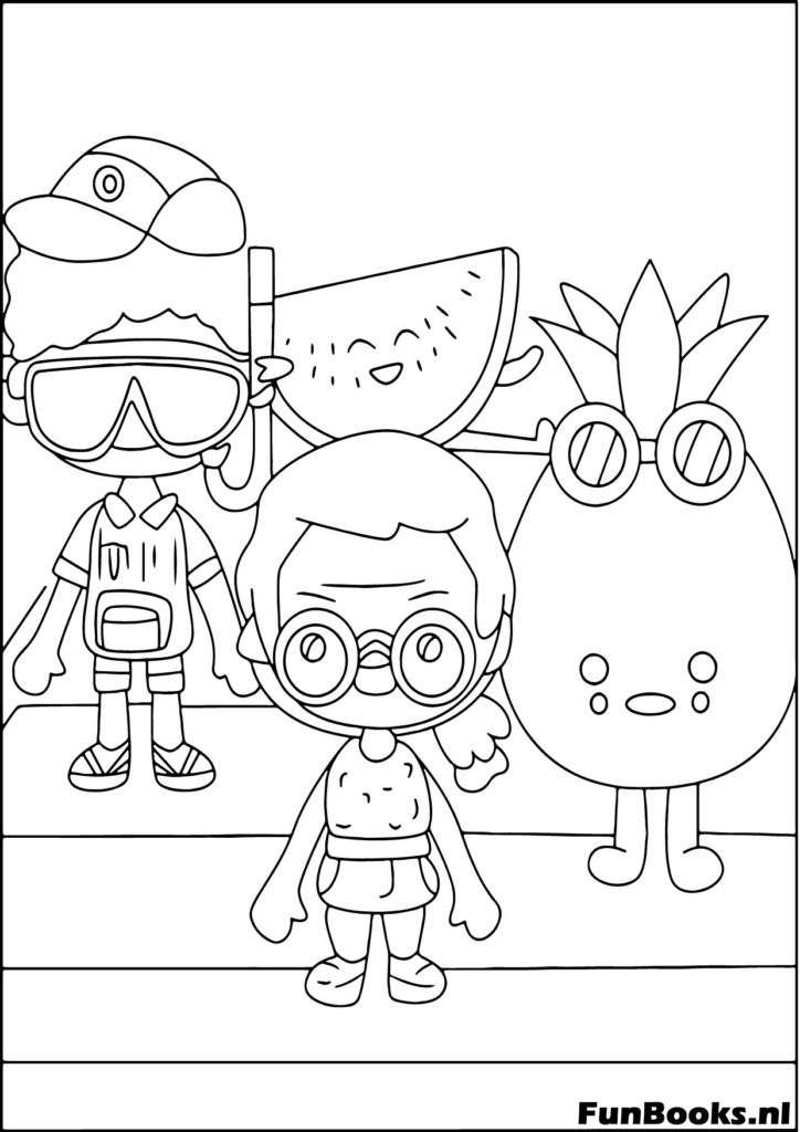 Personajes Toca Boca en una fiesta en la piscina con un flotador de piña dibujo para colorear