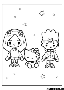 Deux personnages Toca Boca debout avec une poupée jouet Hello Kitty coloriage