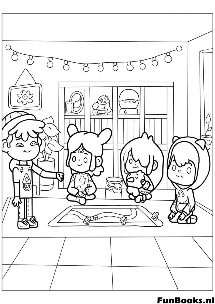 Three Toca Boca friends talking in a living room with rug coloring page