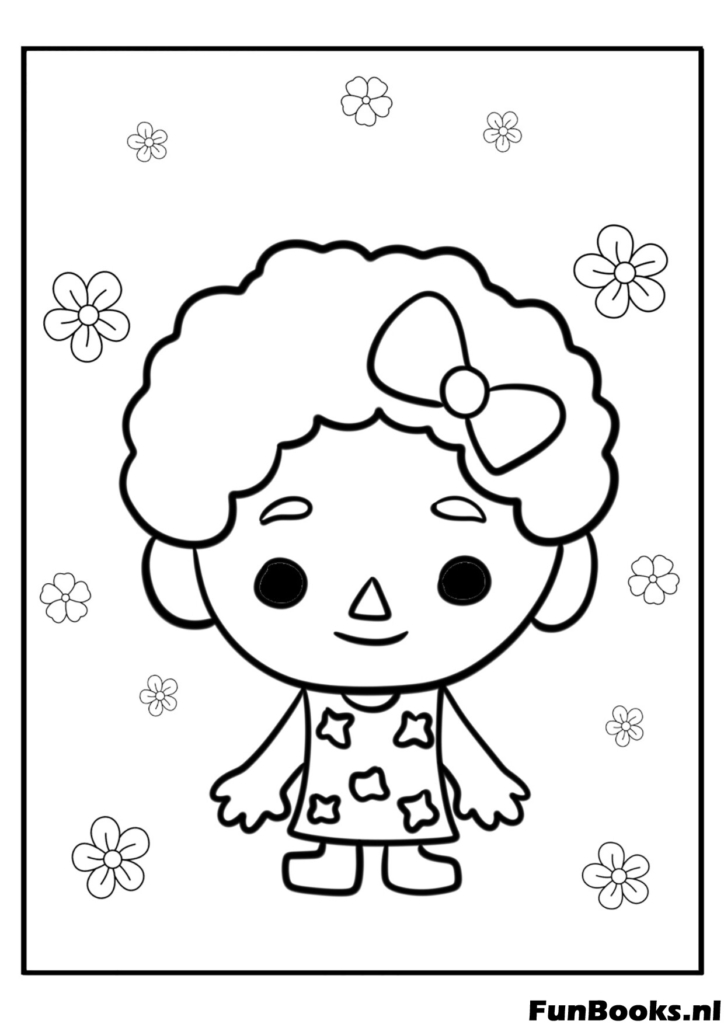 Mignon personnage garçon Toca Boca avec cheveux frisés afro debout coloriage