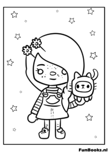 Cute Toca Boca girl holding a pet cat or monster toy coloring page