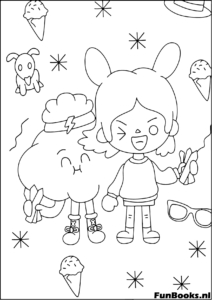 Cute Toca Boca girl holding an ice cream cone with clouds background coloring page