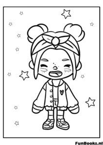 Stylish Toca Boca girl with space buns hairstyle and jacket coloring page