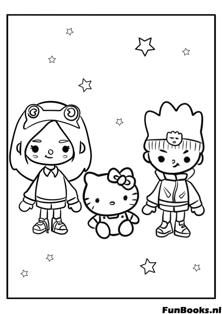 Two Toca Boca characters standing with a Hello Kitty toy doll coloring page