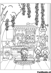 Toca Boca Habitación Estética Cocina Dibujo para colorear Escena detallada de habitación Toca Boca con estantes de cocina y plantas dibujo estético para colorear