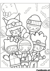 Groupe d'amis Toca Boca portant des bonnets d'hiver et des écharpes coloriage