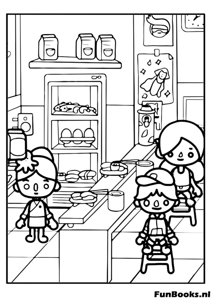 Toca Boca personage kookt in een gedetailleerde keuken met planken kleurplaat