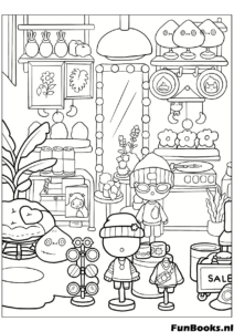Toca Life World Ladenszene mit Regalen voller Dinge und Charakteren Ausmalbild