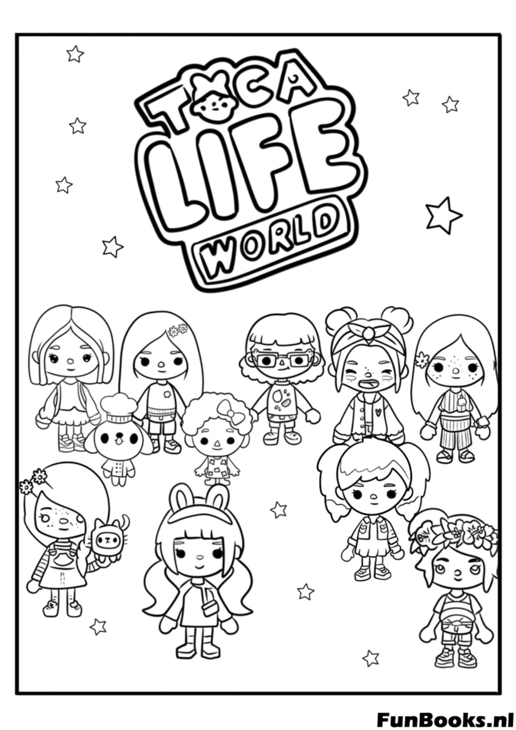 Large group of various Toca Boca characters standing together coloring page