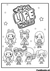 Toca Life World Logo umgeben von vielen süßen Charakteren Ausmalbild