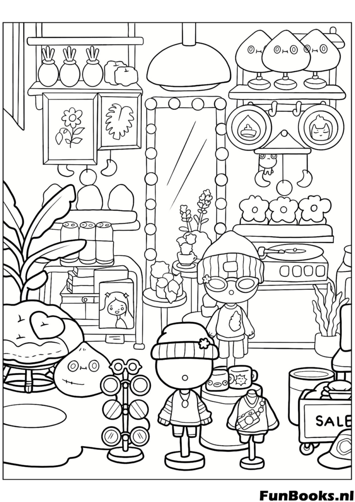 Scène de magasin Toca Life World avec étagères pleines d'objets et personnages coloriage