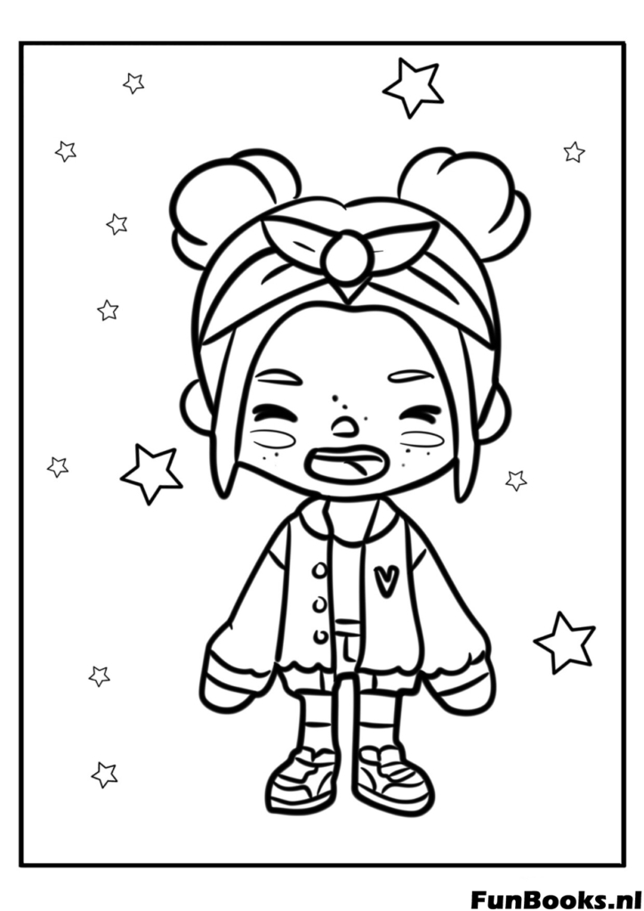 Stijlvol Toca Boca meisje met space buns kapsel en jas kleurplaat