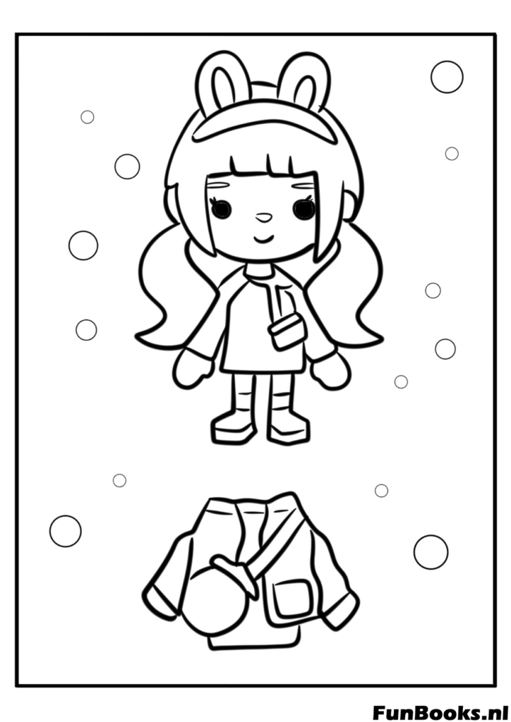 Toca Boca meisje draagt een winteroutfit met sjaal en oorwarmers kleurplaat