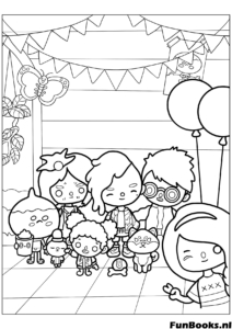 Toca Boca friends celebrating in a decorated party room coloring page