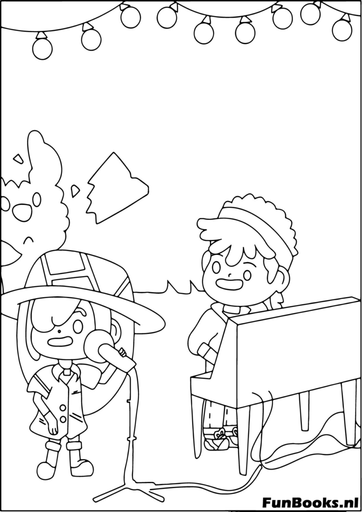 Un personaje tocando el piano y otro cantando música de Toca Boca dibujo para colorear
