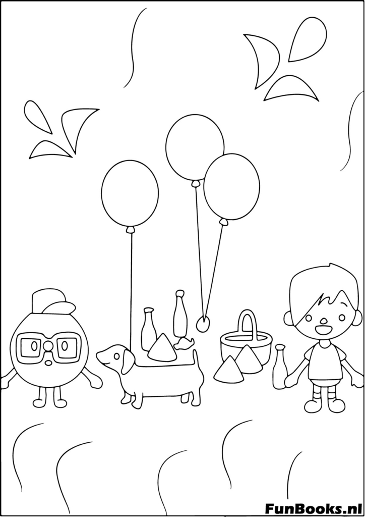 Toca Boca personages houden een picknick in het park met ballonnen kleurplaat