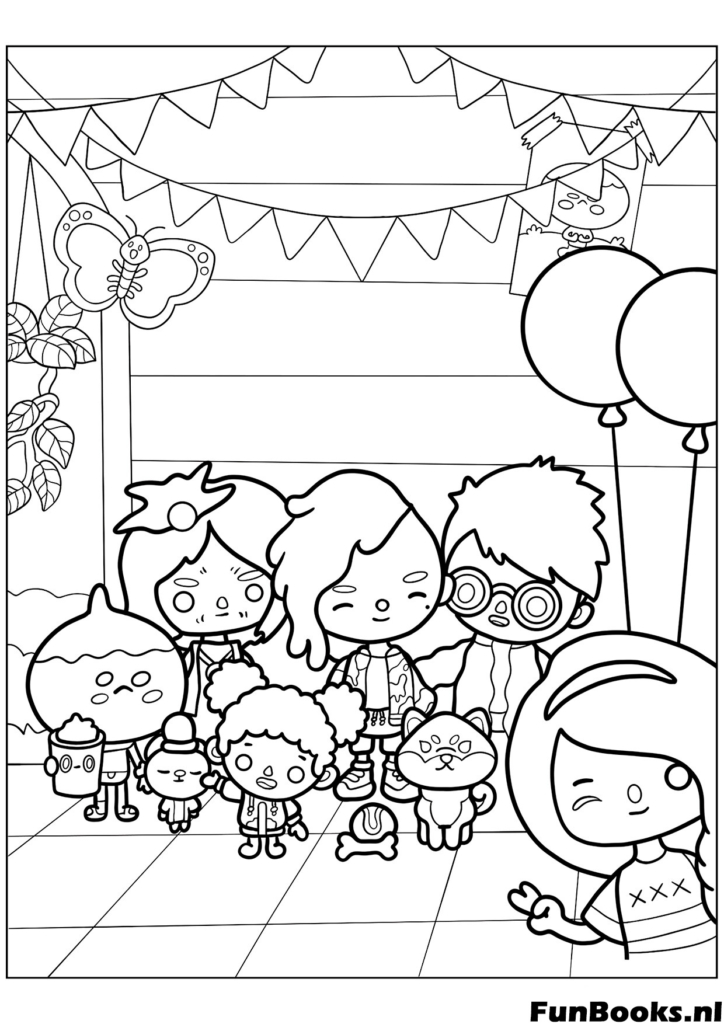 Amis Toca Boca célébrant dans une salle de fête décorée coloriage