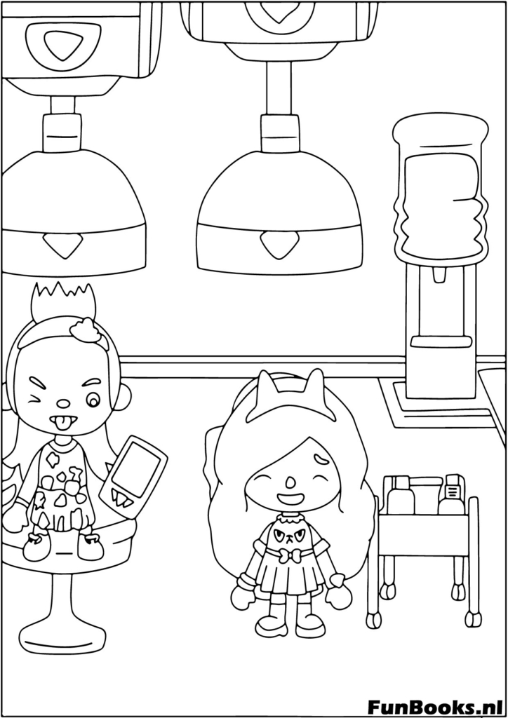 Personnage Toca Boca assis dans un fauteuil de salon de coiffure se faisant couper les cheveux coloriage