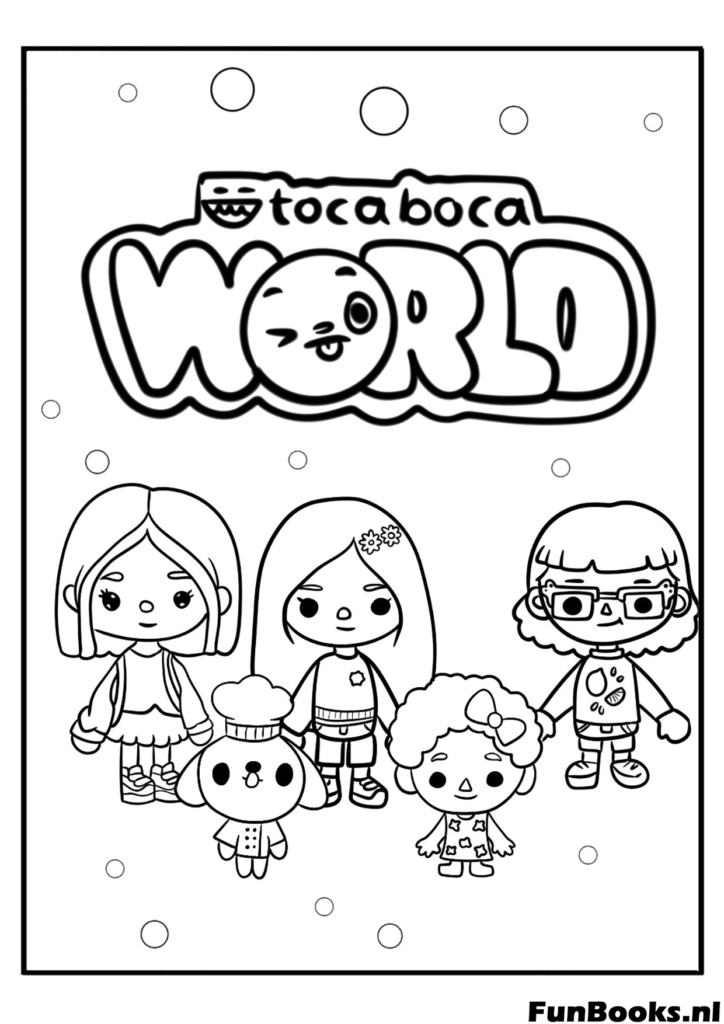 Logo Toca Boca World avec quatre amis principaux debout en dessous coloriage