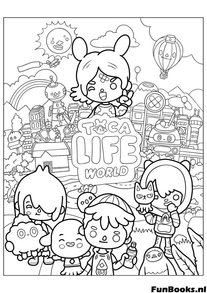Logo Toca Life World avec personnages et fond globe terrestre coloriage