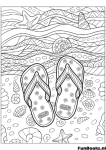 Paire de tongs à motifs allongées sur la plage de sable avec des coquillages chaussures d'été coloriage