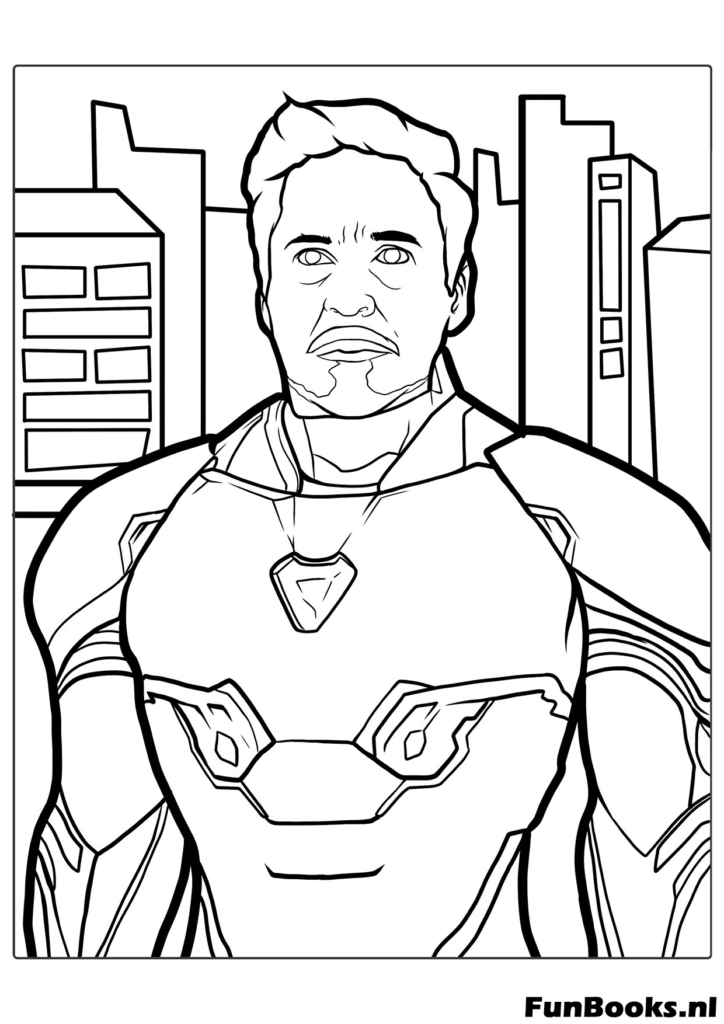 Close up portrait of Tony Stark wearing Iron Man armor coloring page