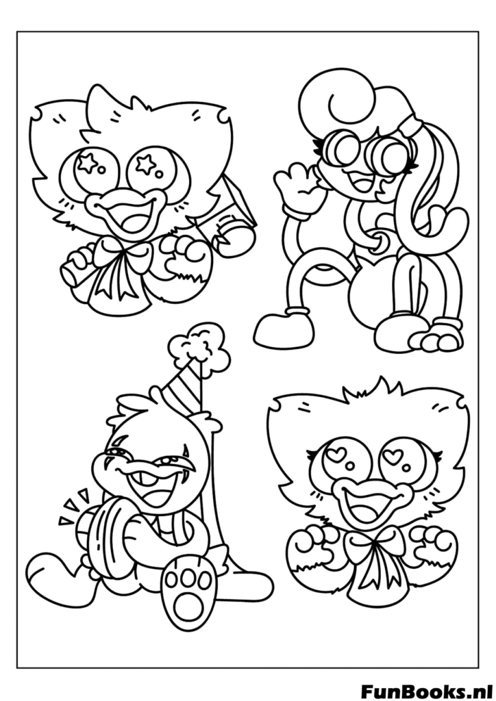 Drie Smiling Critters personages samen zittend met enge blik kleurplaat