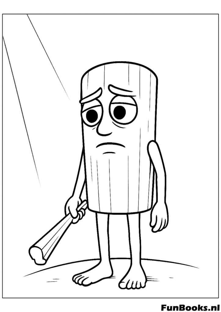 Personaje Tung Tung Sahur con aspecto triste de pie solo divertido meme dibujo para colorear para niños