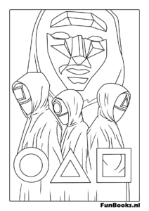 Trois soldats roses debout ensemble montrant des masques cercle triangle et carré de la série TV Squid Game coloriage