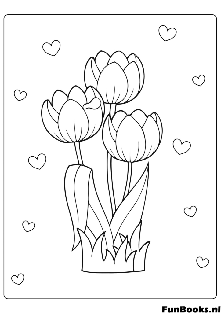 Trois hautes fleurs de tulipes poussant dans l'herbe coloriage simple de printemps