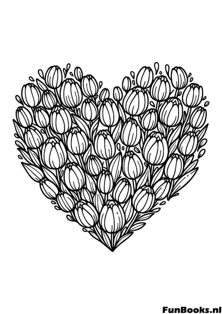 Forme de cœur remplie de belles fleurs de tulipes coloriage botanique pour le printemps et la Fête des Mères