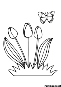 Dessin simple de tulipes poussant dans l'herbe avec un papillon coloriage facile