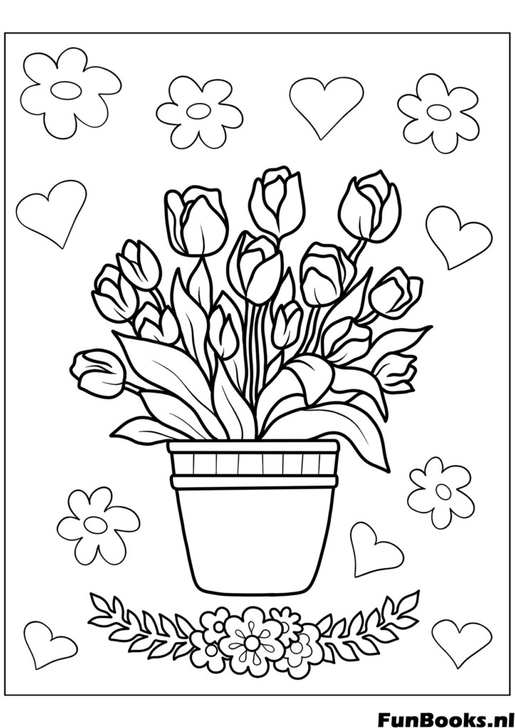 Pot de tulipes fraîches épanouies fleurs de jardin de printemps coloriage