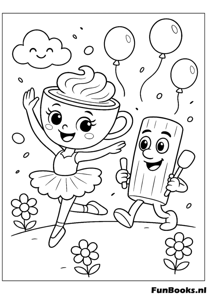 Heureux Tung Tung Sahur dansant avec le mignon personnage de tasse de thé ballerine mème coloriage
