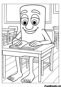 Inteligente personaje Tung Tung Sahur sentado en un escritorio escolar leyendo un libro dibujo para colorear