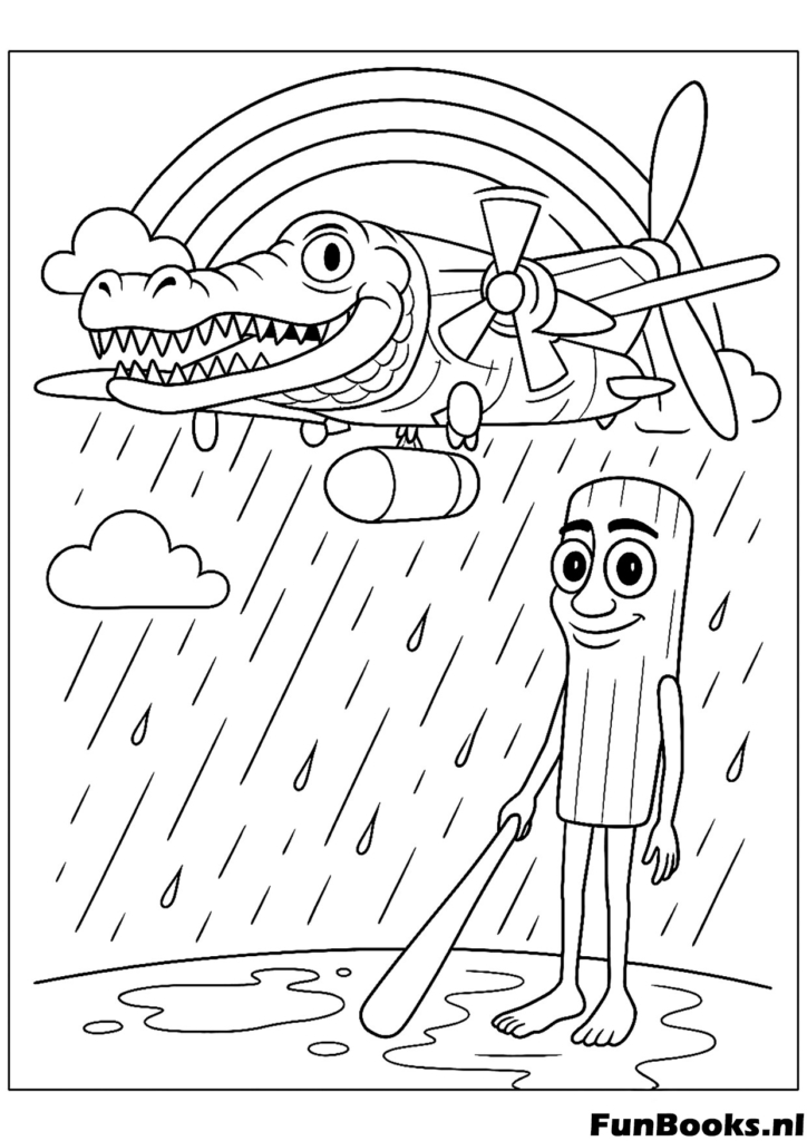 Lustiger Tung Tung Sahur Bambus-Trommel Charakter steht im Regen mit Flugzeug virales Meme Ausmalbild